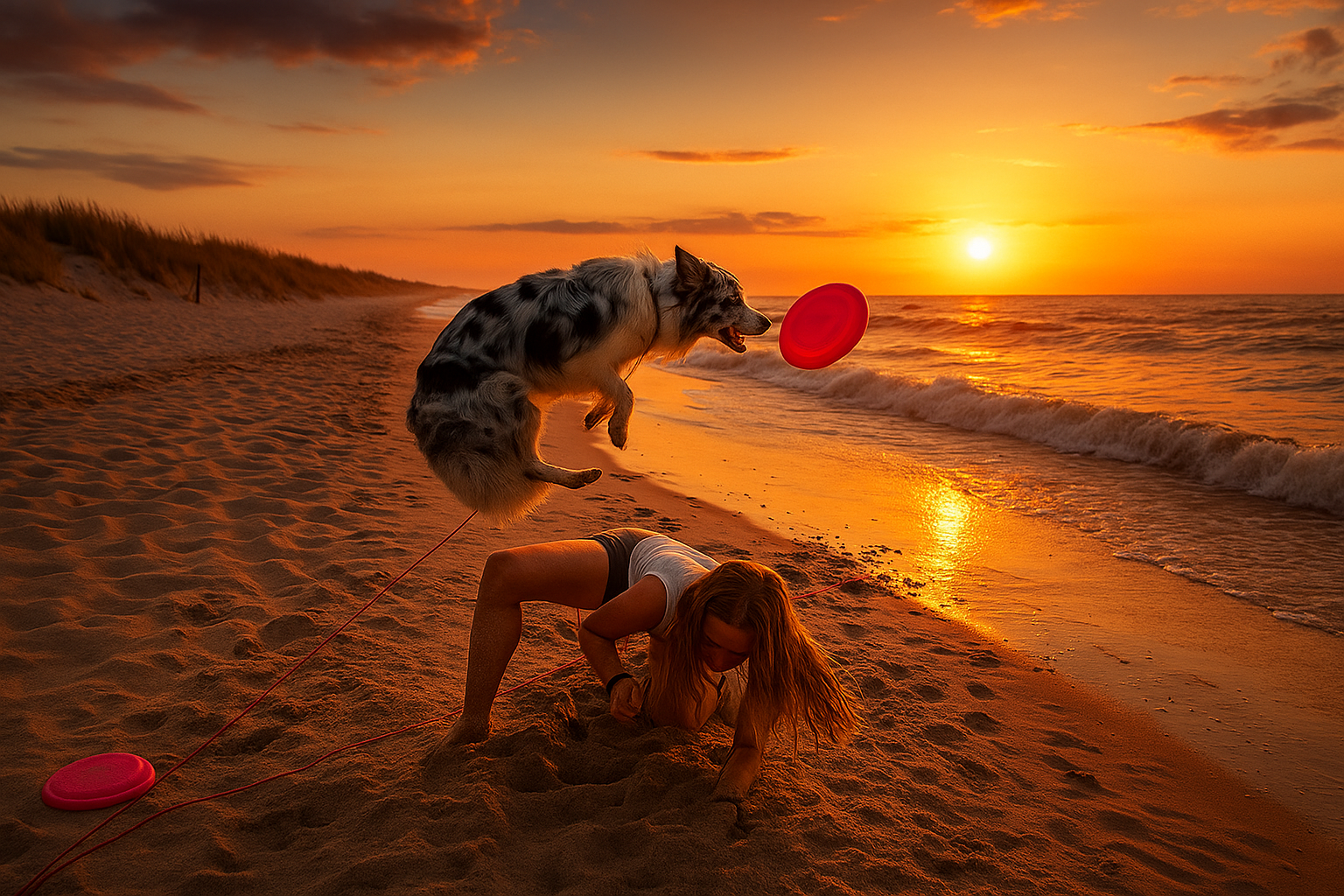 skaczący pies na plaży przy zachodzie słońca